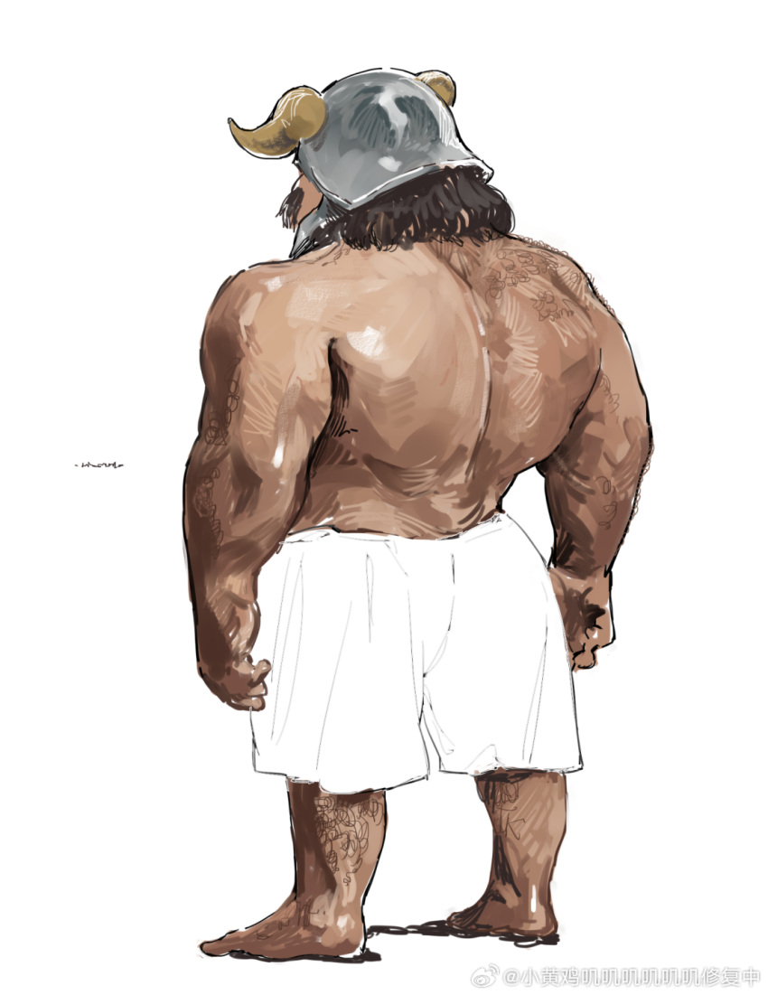 1boy back_hair back_muscles bara beard broad_shoulders brown_hair dungeon_meshi dwarf facial_hair facing_away fake_horns from_behind full_body hairy helmet highres horned_helmet horns long_beard male_focus muscular muscular_male senshi_(dungeon_meshi) shinnasuka025 shorts solo sparse_arm_hair sparse_leg_hair standing thick_mustache topless_male unfinished very_long_beard