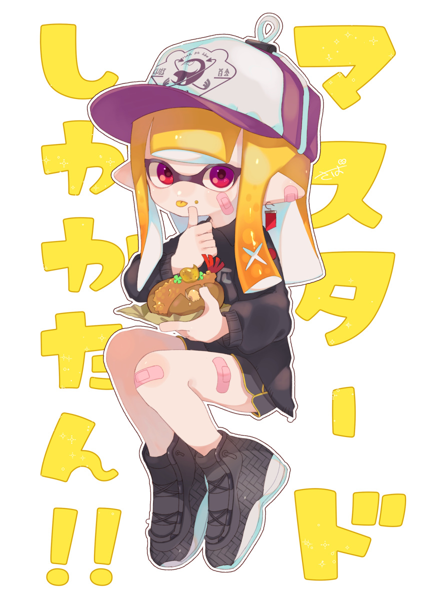 1girl absurdres bandages bandaid bandaid_on_face bangs black_footwear black_shirt black_shorts blonde_hair collared_shirt colored_tongue earrings food hat highres holding holding_food inkling inkling_girl jewelry long_sleeves looking_at_viewer mikoshiba_m pointy_ears purple_headwear red_eyes shirt shoes short_shorts shorts sitting sneakers splatoon_(series) tentacle_hair tongue tongue_out white_background yellow_tongue