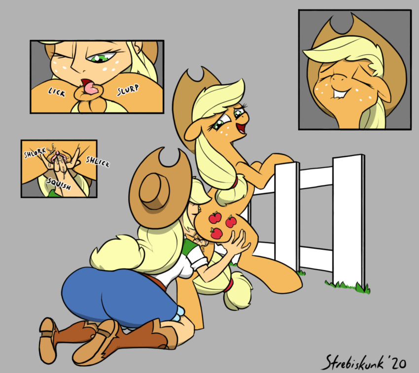 2020 anal anus applejack_(mlp) artist_name bestiality blonde_hair boots breasts butt clothed clothing cowboy_hat cutie_mark digital_drawing_(artwork) digital_media_(artwork) dock earth_pony equid equine equine_anus female fence feral fingering footwear freckles friendship_is_magic genitals green_eyes hair hasbro hat headgear headwear holding_both_legs horse human human_on_feral interspecies licking looking_back mammal my_little_pony oral orange_body pony puffy_anus pussy quadruped rimming sex solo square_crossover strebiskunk tail tan_body tan_skin tongue tongue_out yellow_tail