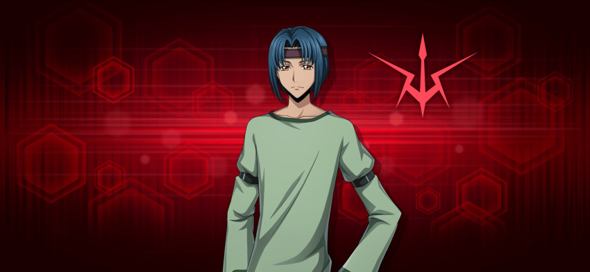 1boy armband artist_request blue_hair closed_mouth code_geass code_geass:_lost_stories collarbone drop_shadow game_cg green_shirt hair_intakes hands_on_own_hips headband highres logo long_sleeves looking_at_viewer male_focus non-web_source official_art orange_eyes purple_headband red_background shirt short_hair sidelocks solo standing sugiyama_kento upper_body
