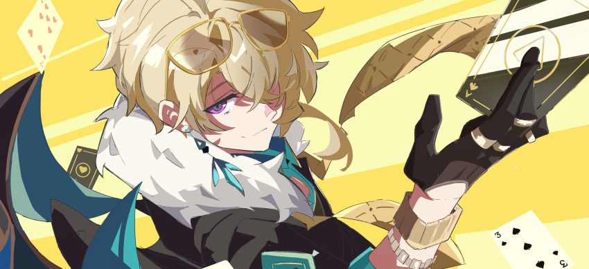 1boy absurdres aventurine_(honkai:_star_rail) black_gloves blonde_hair bracelet card earrings eyewear_on_head fur_trim glasses gloves hair_over_one_eye highres holding holding_card honkai:_star_rail honkai_(series) jewelry looking_at_viewer male_focus playing_card purple_eyes ring short_hair solo zb_relic