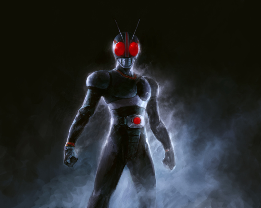 1boy antennae armor black_background clenched_hands dave_rapoza helmet highres kamen_rider kamen_rider_black kamen_rider_black_(series) krita_(medium) male_focus smoke solo
