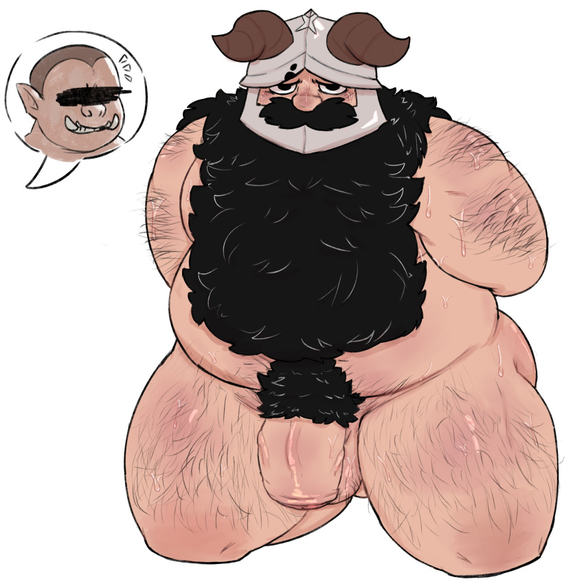 1boy absurdres arms_behind_back ass_visible_through_thighs bara beard belly brown_hair censored completely_nude dungeon_meshi dwarf excessive_pubic_hair facial_hair fake_horns fat fat_man flaccid frown girthy_penis hairy helmet highres horned_helmet horns identity_censor implied_yaoi kneeling long_beard looking_at_viewer male_focus male_pubic_hair mature_male nude orc penis pubic_hair senshi_(dungeon_meshi) solo spoken_character thick_arm_hair thick_back_hair thick_beard thick_leg_hair thick_mustache tusks uncensored unholyluhen very_long_beard