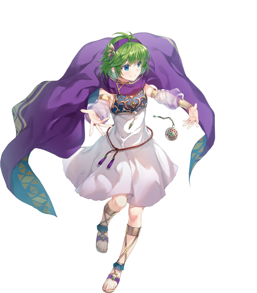 1girl ahoge bangs blue_eyes cape dress fire_emblem fire_emblem:_the_blazing_blade fire_emblem_heroes full_body gold_trim green_hair hairband highres miwabe_sakura nino_(fire_emblem) non-web_source official_art shiny_hair short_hair solo white_dress