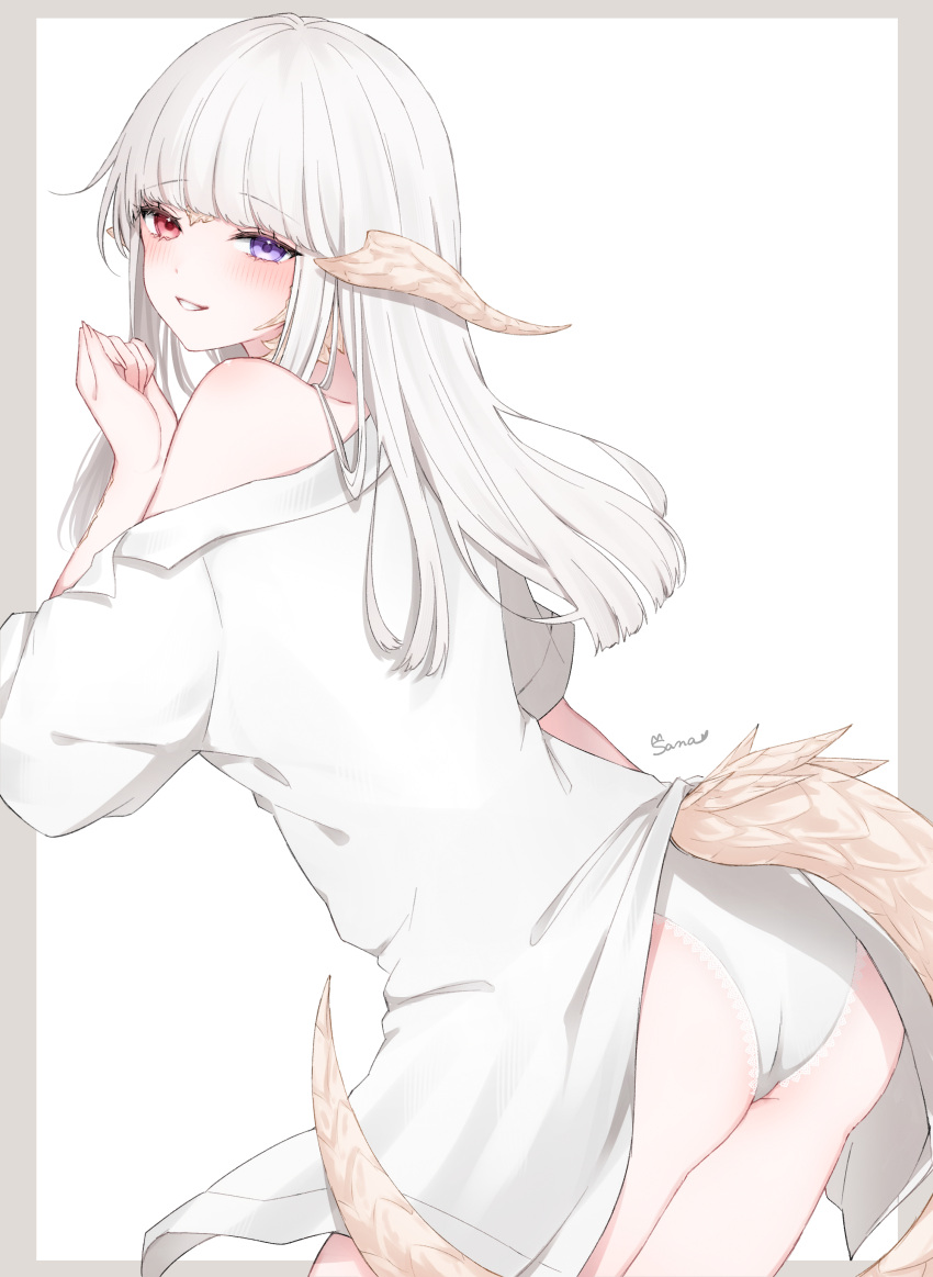 1girl absurdres ass au_ra blue_eyes blunt_bangs blush border collared_shirt commentary_request dragon_girl dragon_horns dragon_tail final_fantasy final_fantasy_xiv from_behind grey_border heterochromia highres horns long_hair looking_at_viewer looking_back no_pants off_shoulder outside_border panties red_eyes sana_(sanamaru_0w0) scales shirt signature simple_background smile solo tail underwear warrior_of_light_(ff14) white_background white_hair white_panties white_shirt