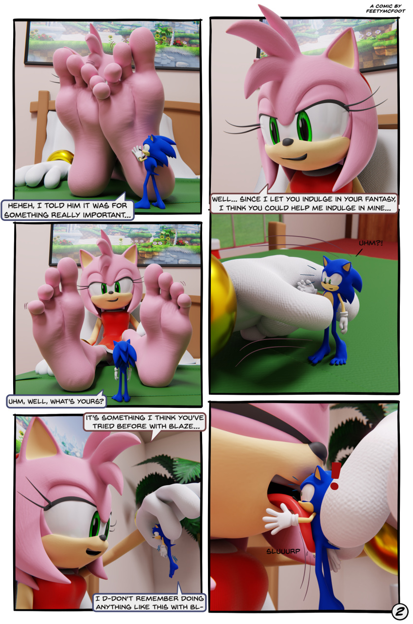 4_toes absurd_res amy_rose anthro barefoot comic dialogue duo english_text feet feetymcfoot female foot_fetish foot_focus foot_play foot_rub hi_res humanoid_feet licking male male/female micro plantigrade sega soles sonic_the_hedgehog sonic_the_hedgehog_(series) speech_bubble text toes tongue tongue_out