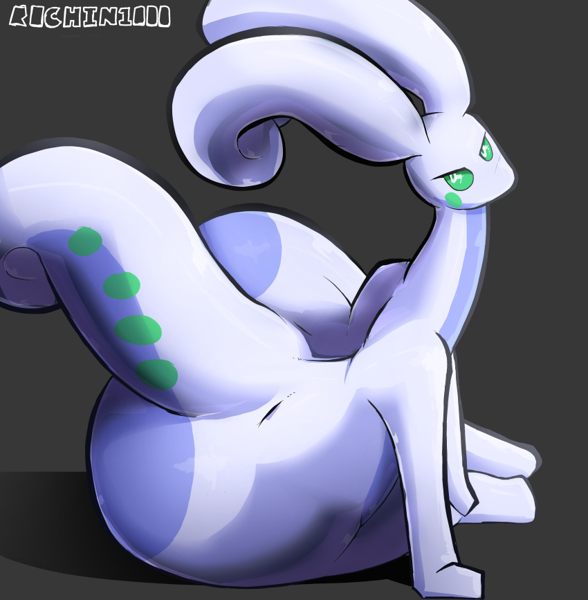 absurd_res antennae_(anatomy) anthro big_butt butt countershade_torso countershading dragon female generation_6_pokemon goodra green_eyes green_markings green_sclera hi_res huge_hips markings nintendo pokemon pokemon_(species) rochin1000 simple_background solo tail white_body white_eyes wide_hips