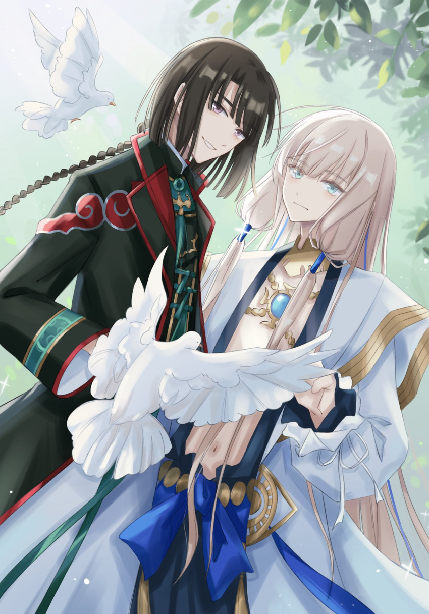 2boys bird black_coat black_hair black_robe black_shirt blonde_hair blue_eyes braid changpao chinese_clothes closed_mouth coat dutch_angle fate/grand_order fate/grand_order_arcade fate_(series) gold_trim grin high_collar highres light_rays long_hair long_sleeves looking_at_viewer low-tied_sidelocks male_focus multiple_boys navel noah_(fate) open_clothes open_robe outdoors purple_eyes robe shirt single_braid smile sunbeam sunlight tai_gong_wang_(fate) tassel topless_male very_long_hair white_bird white_coat wide_sleeves zeyan_chelsea