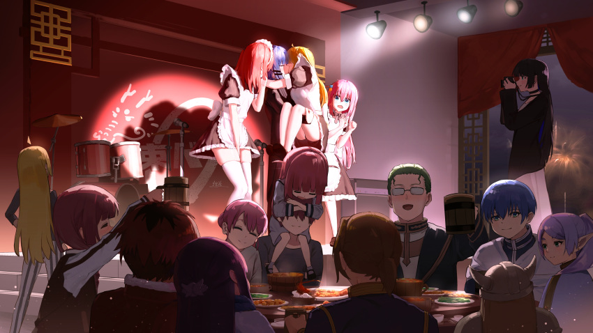 6+boys 6+girls absurdres alternate_costume apron banquet black_dress bocchi_the_rock! carrying chinese_commentary closed_eyes commentary_request crossover cup dress drum drum_set drunk eisen_(sousou_no_frieren) elf enmaided fake_horns family fern_(sousou_no_frieren) food frieren glasses gotoh_futari gotoh_hitori gotoh_michiyo gotoh_naoki heiter helmet highres himmel_(sousou_no_frieren) hiroi_kikuri holding holding_cup horned_helmet horns ijichi_nijika ijichi_seika indoors instrument jacket kiss kita_ikuyo leaning_on_person letterman_jacket looking_at_another maid maid_apron multiple_boys multiple_girls pa-san pointy_ears princess_carry sein_(sousou_no_frieren) shadow shoulder_carry siblings sisters sklt_(swyt8223) sousou_no_frieren stage_lights stark_(sousou_no_frieren) taking_picture thighhighs toasting_(gesture) white_apron white_thighhighs yamada_ryo