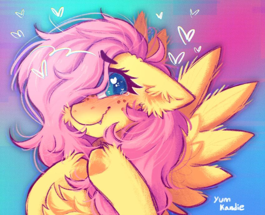 &lt;3 blue_eyes blush bodily_fluids chest_tuft digital_media_(artwork) ear_tuft equid equine eyelashes fangs feathered_wings feathers female feral fluttershy_(mlp) freckles friendship_is_magic fur hair hasbro head_tuft heart-shaped_pupils hi_res mammal my_little_pony pegasus pink_hair solo tears teeth tuft wavy_mouth wings yellow_body yellow_feathers yellow_fur yumkandie