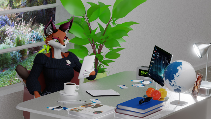 16:9 anthro apple apple_inc. blender_(software) blender_cycles book canid canine chair desk digital_media_(artwork) earth female fox foxxy_vixen foxy_(original) furniture garden globe hi_res humanoid lamp letters mammal microsoft microsoft_windows office office_chair photo plant pottery simple_background solo table tablet widescreen windows_7