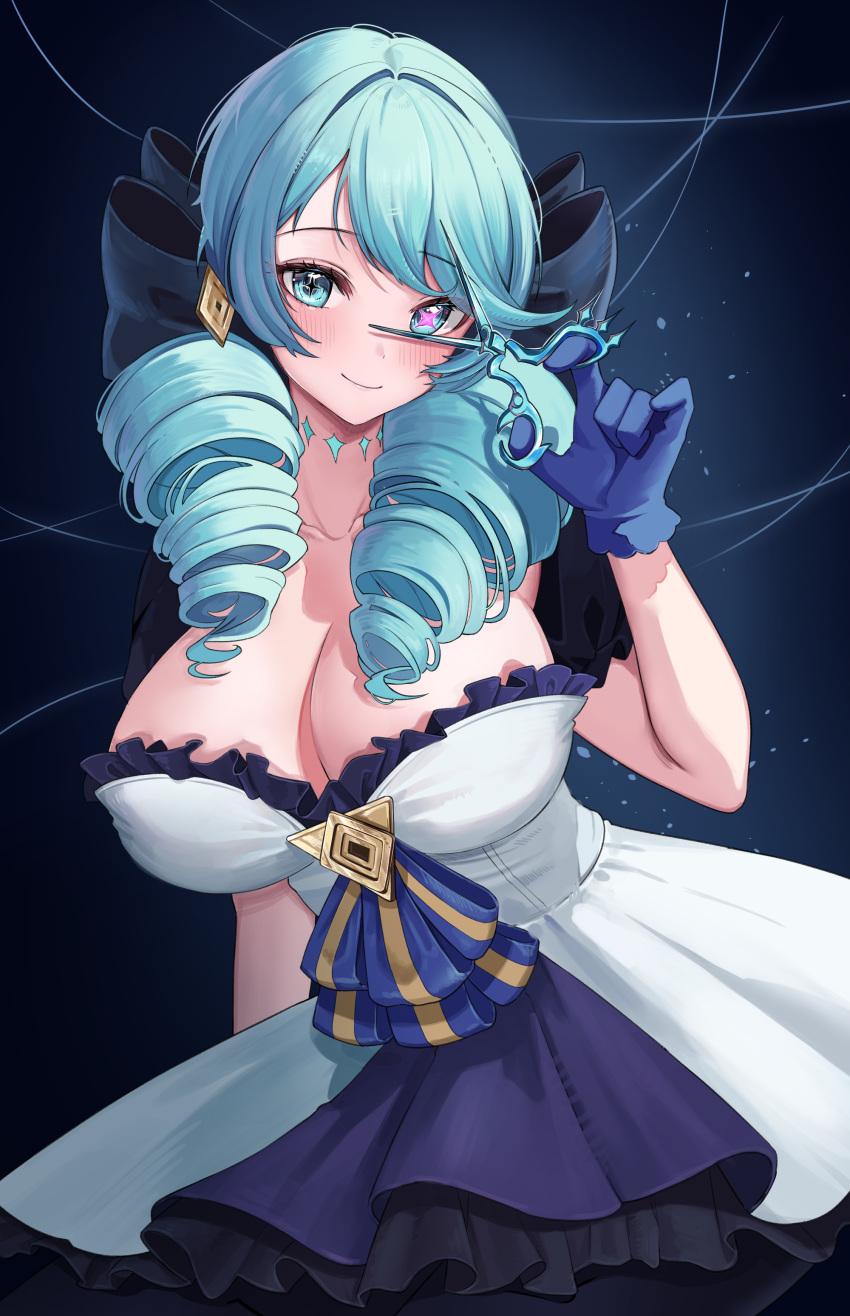 1girl absurdres alternate_breast_size bare_shoulders black_bow black_pantyhose blush bow breasts collarbone cowboy_shot dress drill_hair frilled_dress frills gloves gradient_background green_eyes green_hair gwen_(league_of_legends) hair_bow hand_up highres holding holding_scissors kaho_oco large_breasts league_of_legends leaning_forward long_hair looking_at_viewer pantyhose purple_gloves scissors smile solo twin_drills twintails