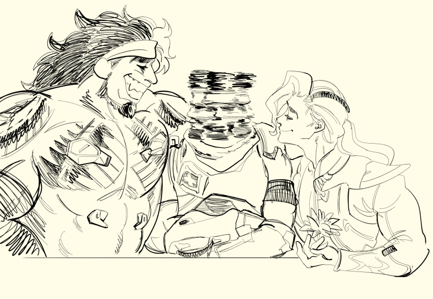 3boys abs afterimage arm_on_table baptiste_(overwatch) bara beard boy_sandwich closed_mouth crossed_arms elbows_on_table facial_hair flower full_beard greyscale grin highres holding holding_flower large_pectorals lifeweaver_(overwatch) long_hair long_sleeves love_triangle male_focus mature_male mauga_(overwatch) monochrome multiple_boys muscular muscular_male mustache no_nipples overwatch overwatch_2 parody pectorals profile sandwiched shirokuro_ookami short_hair size_difference sketch smile spinning_head the_weaker_sex_1_(gibson) thick_eyebrows topless_male upper_body yaoi
