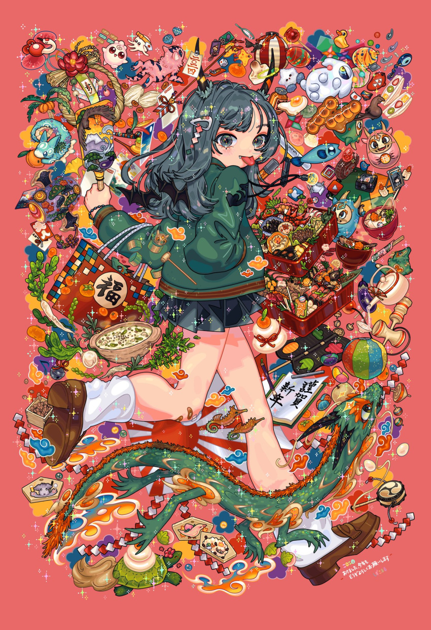 1girl ball black_skirt bowl brown_footwear cat dango dice egg fang fish food fried_egg full_body green_jacket grey_eyes grey_hair hair_ornament hairclip hand_in_pocket hand_up highres horns jacket kendama lantern leaf long_hair long_sleeves mitarashi_dango nazar_(amulet) original pink_background pleated_skirt rubber_duck seahorse shoes sizucomaru skirt socks solo sparkle stew teapot tongue tongue_out translation_request vegetable wagashi white_socks