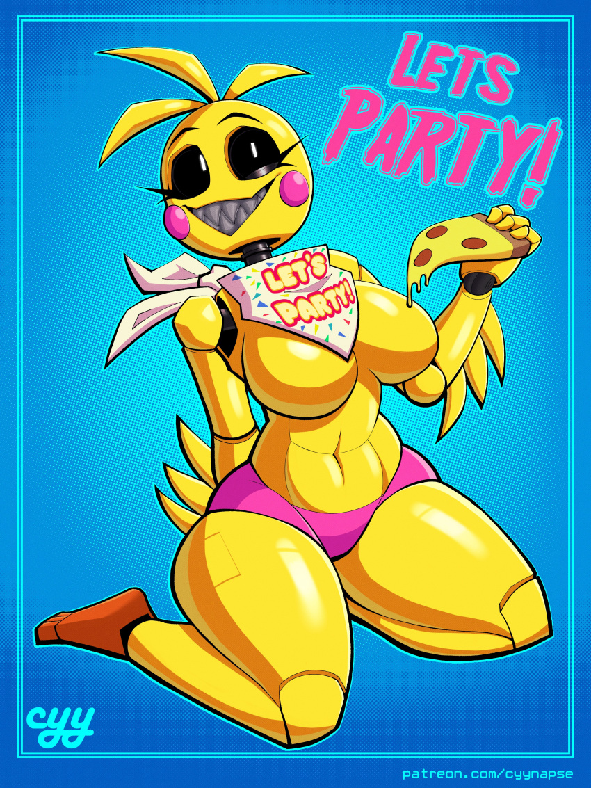 3:4 absurd_res animatronic anthro avian bib big_breasts bird black_eyes breasts chicken clothed clothing cyynapse female five_nights_at_freddy's five_nights_at_freddy's_2 food galliform gallus_(genus) hi_res machine panties partially_clothed phasianid pizza robot scottgames sharp_teeth simple_background smile solo teeth text thick_thighs toy_chica_(fnaf) underwear yellow_body