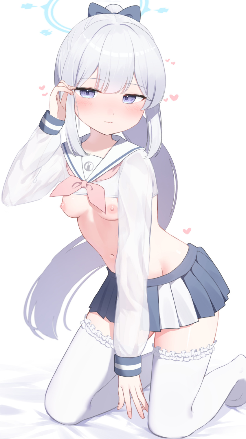 1girl blue_archive blue_halo blue_skirt blush breasts halo highres long_hair long_sleeves looking_at_viewer miyako_(blue_archive) nipples no_bra purple_eyes sailor_collar simple_background skirt small_breasts solo takeroku thighhighs two-tone_skirt underwear white_background white_hair white_sailor_collar white_skirt white_thighhighs