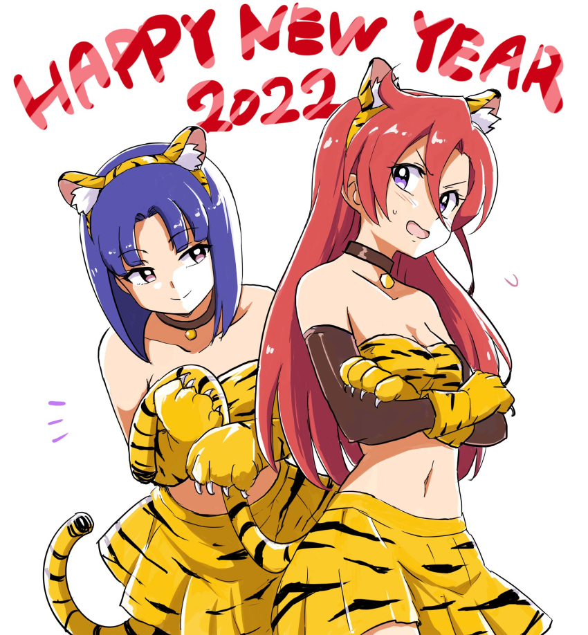 2022 2girls absurdres animal_ears animal_hands animal_print asymmetrical_bangs bangs bare_shoulders black_choker black_gloves blue_hair blush bob_cut breasts chinese_zodiac choker closed_mouth commentary crossed_arms elbow_gloves english_text fake_animal_ears fake_tail flying_sweatdrops gloves hair_between_eyes happy_new_year highres holding holding_with_tail layered_gloves leaning_forward long_hair looking_at_another looking_at_viewer midriff miniskirt multiple_girls navel new_year notice_lines open_mouth orange_bandeau orange_gloves paw_gloves pleated_skirt precure prehensile_tail print_bandeau print_gloves purple_eyes red_hair shiratori_yuriko short_hair simple_background skirt small_breasts smile standing tail takizawa_asuka tiger_ears tiger_print tiger_tail tropical-rouge!_precure uraki white_background year_of_the_tiger yellow_skirt