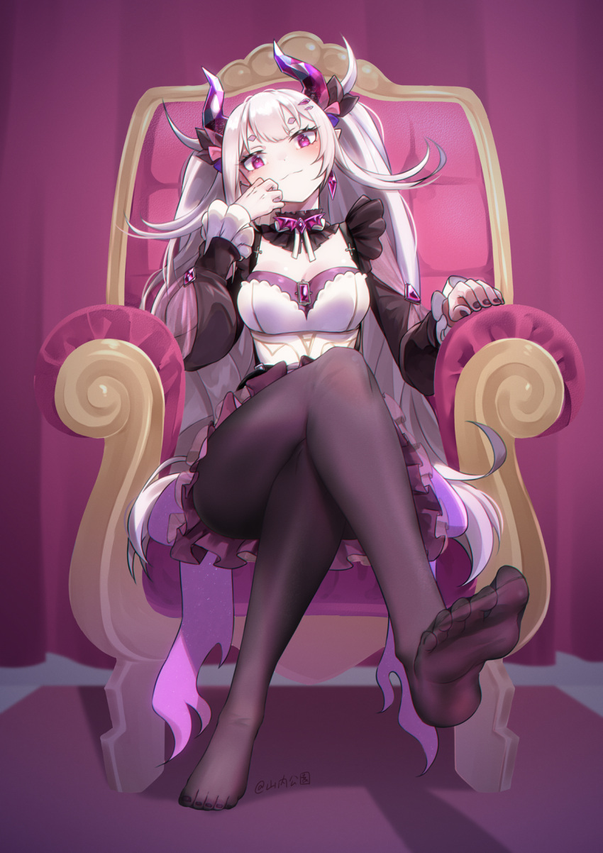 1girl artist_name black_pantyhose breasts cleavage closed_mouth crossed_legs dress earrings eyelashes feet foreshortening frilled_dress frills full_body grey_hair hair_ornament hands_up highres horns indie_virtual_youtuber jewelry large_breasts legs long_hair looking_at_viewer nail_polish no_shoes pantyhose pointy_ears puffy_sleeves purple_background purple_eyes purple_nails rhodeia_(vtuber) shadow short_eyebrows sitting smile soles solo toenail_polish toenails toes very_long_hair virtual_youtuber yamauchi_(conan-comy)