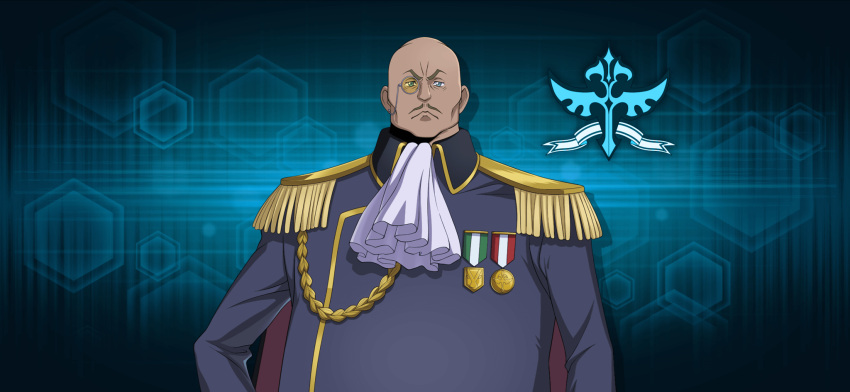 1boy arm_at_side artist_request ascot bags_under_eyes bald bartley_asprius blue_background blue_eyes blue_jacket cape closed_mouth code_geass code_geass:_lost_stories dark-skinned_male dark_skin drop_shadow earrings epaulettes fat fat_man furrowed_brow game_cg grey-framed_eyewear hand_on_own_hip highres jacket jewelry logo long_sleeves looking_at_viewer male_focus medal military_uniform monocle non-web_source official_art pencil_mustache red_cape single_earring solo tinted_eyewear uniform v-shaped_eyebrows white_ascot yellow-tinted_eyewear