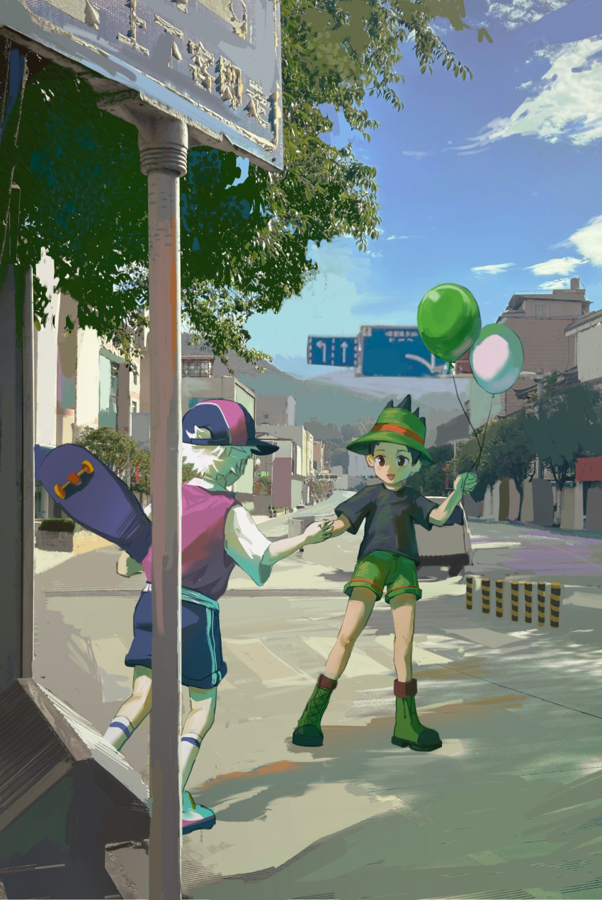 2boys absurdres balloon baseball_cap black_eyes black_hair black_shirt blue_shorts blue_sky boots building chinese_commentary city cloud commentary_request day gon_freecss green_footwear green_shorts hat highres holding holding_balloon holding_hands holding_skateboard hunter_x_hunter killua_zoldyck long_sleeves male_focus multiple_boys open_mouth outdoors purple_headwear purple_shirt road_sign shao_ziye shirt short_hair short_sleeves shorts sign skateboard sky smile socks tree white_hair white_sleeves white_socks