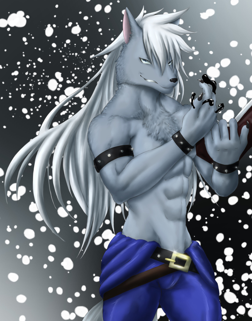 2022 5_fingers abs absurd_res anthro belt biceps biped black_nose blue_bottomwear blue_clothing blue_eyes blue_pants bottomwear canid canine canis chest_tuft chibikoma clothing digital_drawing_(artwork) digital_media_(artwork) fingers fur grey_body grey_fur hair hi_res long_hair male mammal pants pink_inner_ear pretty_cure smile_pretty_cure tuft white_hair wolf wolfrun wristband