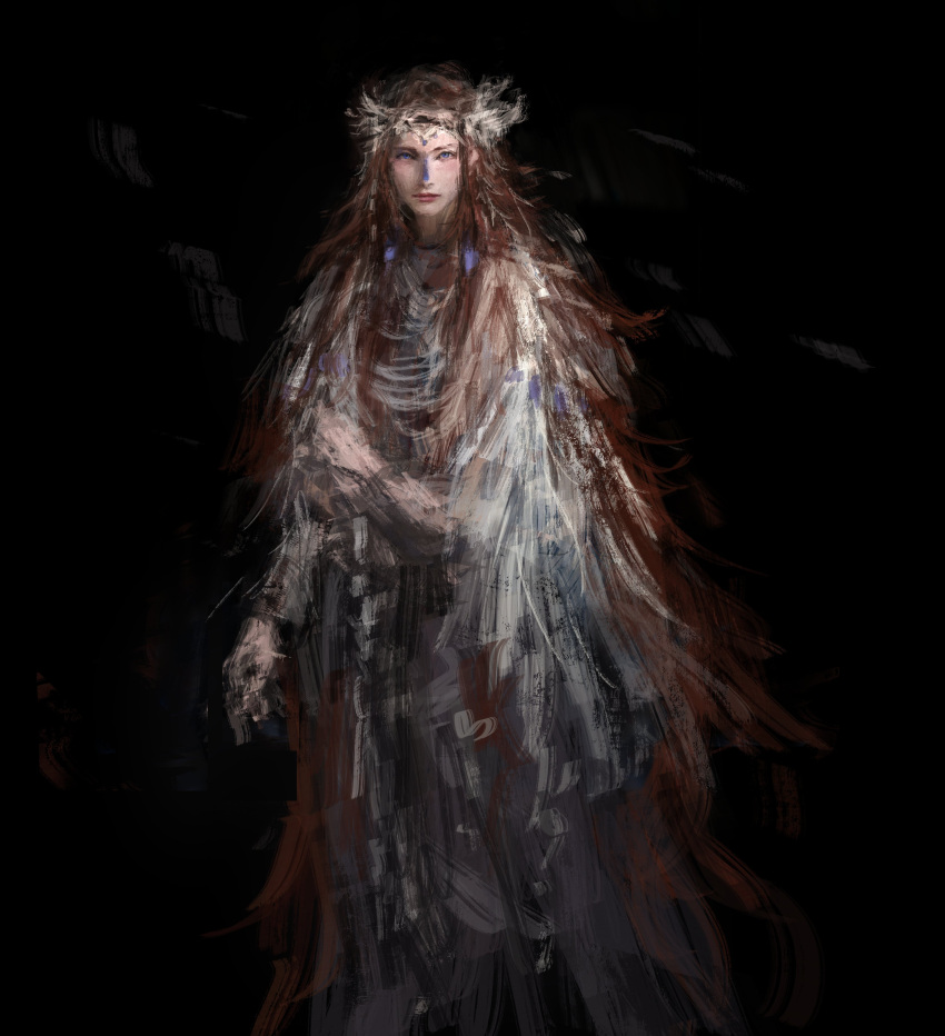 1girl a_song_of_ice_and_fire absurdres all_lee24 black_background blue_eyes blue_gemstone brown_hair circlet dress facepaint facing_viewer gem graphite_(medium) highres jewelry long_hair looking_at_viewer sansa_stark solo standing traditional_media white_dress