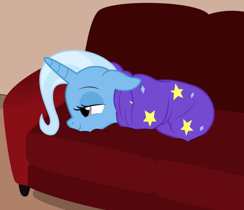 badumsquish bed bedding blanket blanket_burrito blissful blue_body blue_fur blue_hair equid equine female friendship_is_magic fur furniture hair hasbro hi_res horn mammal multicolored_hair my_little_pony purple_eyes relaxing smile sofa trixie_(mlp) two_tone_hair unicorn