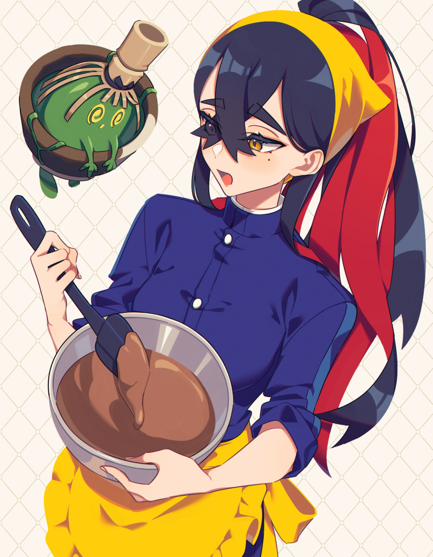 1girl alternate_hairstyle apron baking black_hair blush breasts carmine_(pokemon) crossed_bangs hair_between_eyes hair_up hairband highres long_hair long_sleeves miri_(cherryjelly) mixing_bowl mole mole_under_eye multicolored_hair open_mouth pokemon pokemon_(creature) pokemon_sv red_hair sinistcha sleeves_rolled_up smile two-tone_hair yellow_apron yellow_eyes yellow_hairband