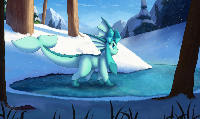 2022 absurd_res ambiguous_gender blue_eyes blue_sky bokurei cold creek day detailed_background digitigrade eeveelution evergreen_tree feral fin fusion generation_1_pokemon generation_4_pokemon glaceon glaporeon_(bokurei) head_fin hi_res ice leg_markings long_tail markings mountain nintendo on_ice outside plant pokemon pokemon_(species) pokemon_fusion shadow side_view sky snow snowing socks_(marking) solo tail tree vaporeon winter