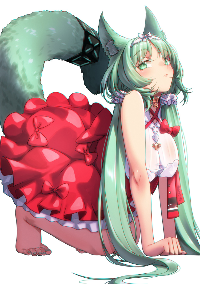 1girl all_fours animal_collar animal_ear_fluff animal_ears arknights artist_name barefoot bell blush bow breasts cat_ears cat_girl cat_tail chinese_commentary closed_mouth collar commentary_request dress eyelashes feet frilled_dress frills full_body green_eyes green_hair green_nails hair_ornament hair_scrunchie hairband harmonie_(arknights) highres large_breasts long_hair looking_at_viewer mixed-language_commentary nail_polish neck_bell parted_bangs red_bow red_dress scrunchie simple_background solo tail toenail_polish toenails toes twintails very_long_hair white_background white_hairband yamauchi_(conan-comy)