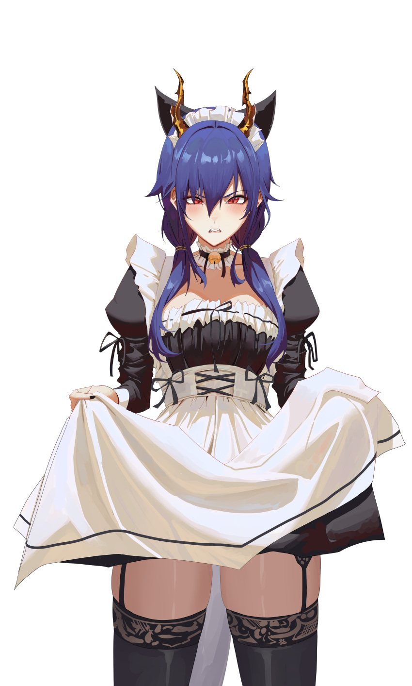 1girl absurdres alternate_costume arknights black_thighhighs blue_hair blush breasts ch'en_(arknights) clenched_teeth clothes_lift dragon_horns dress dress_lift enmaided garter_straps highres horns long_hair looking_at_viewer low_twintails maid maid_headdress puffy_sleeves rasipan red_eyes simple_background solo teeth thighhighs twintails white_background