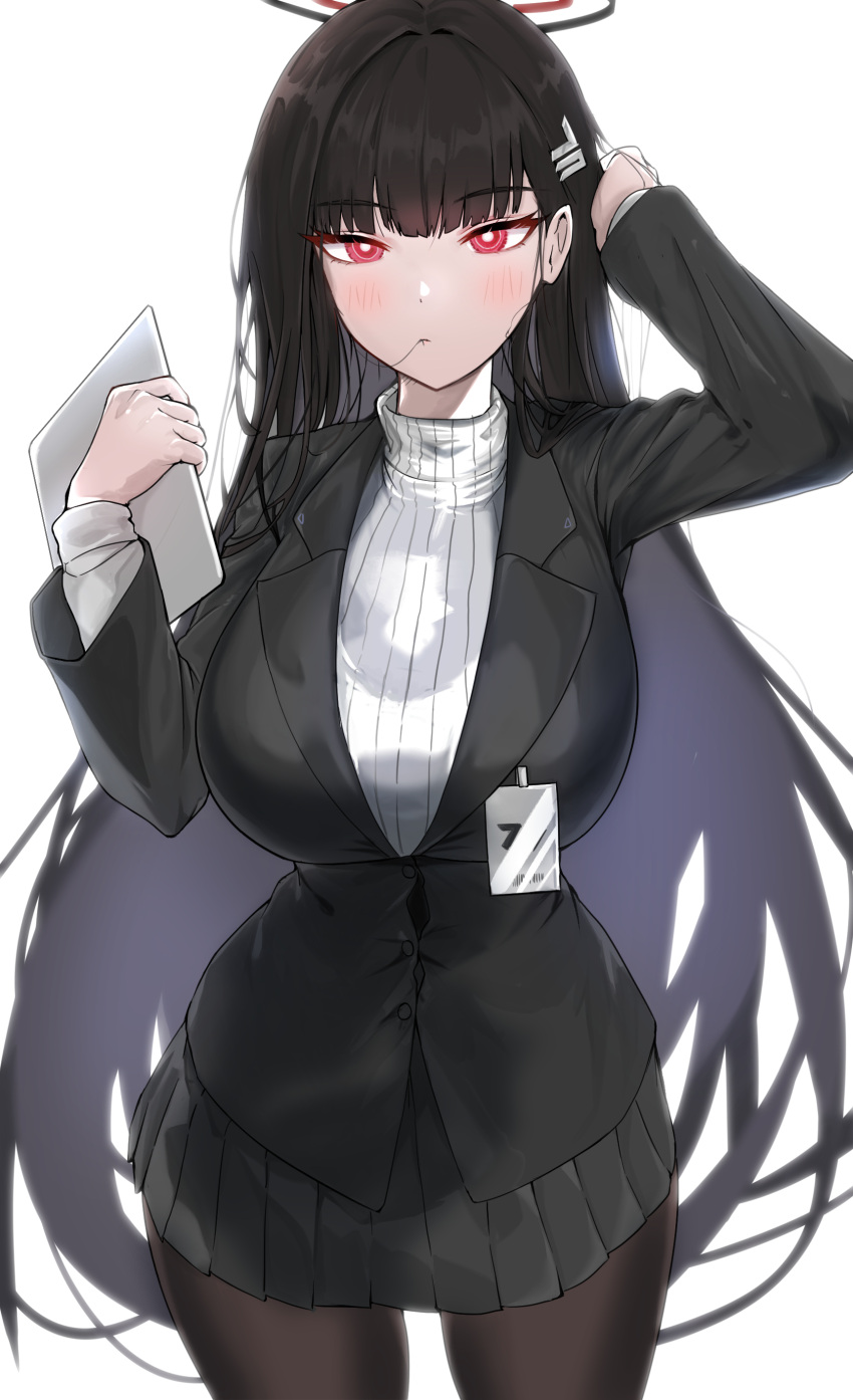 absurdres biting_hair black_hair blue_archive breasts hand_in_own_hair highres jacket large_breasts lir_(cuhc3357) pantyhose red_eyes rio_(blue_archive) skirt suit_jacket sweater turtleneck turtleneck_sweater