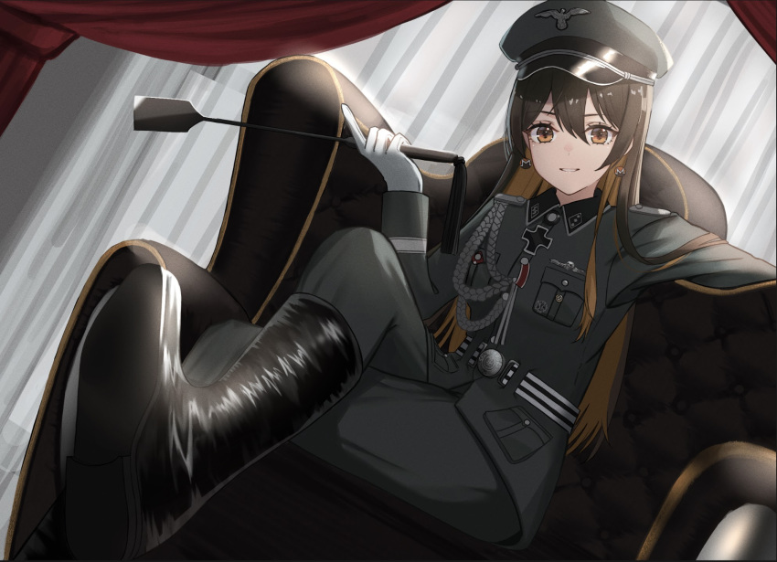 1girl armchair artist_request bad_link boots brown_eyes brown_hair chair cross crossed_legs gloves grin highres indoors iron_cross long_hair looking_at_viewer monero-chan multicolored_hair orange_hair original riding_crop sitting smile solo white_gloves