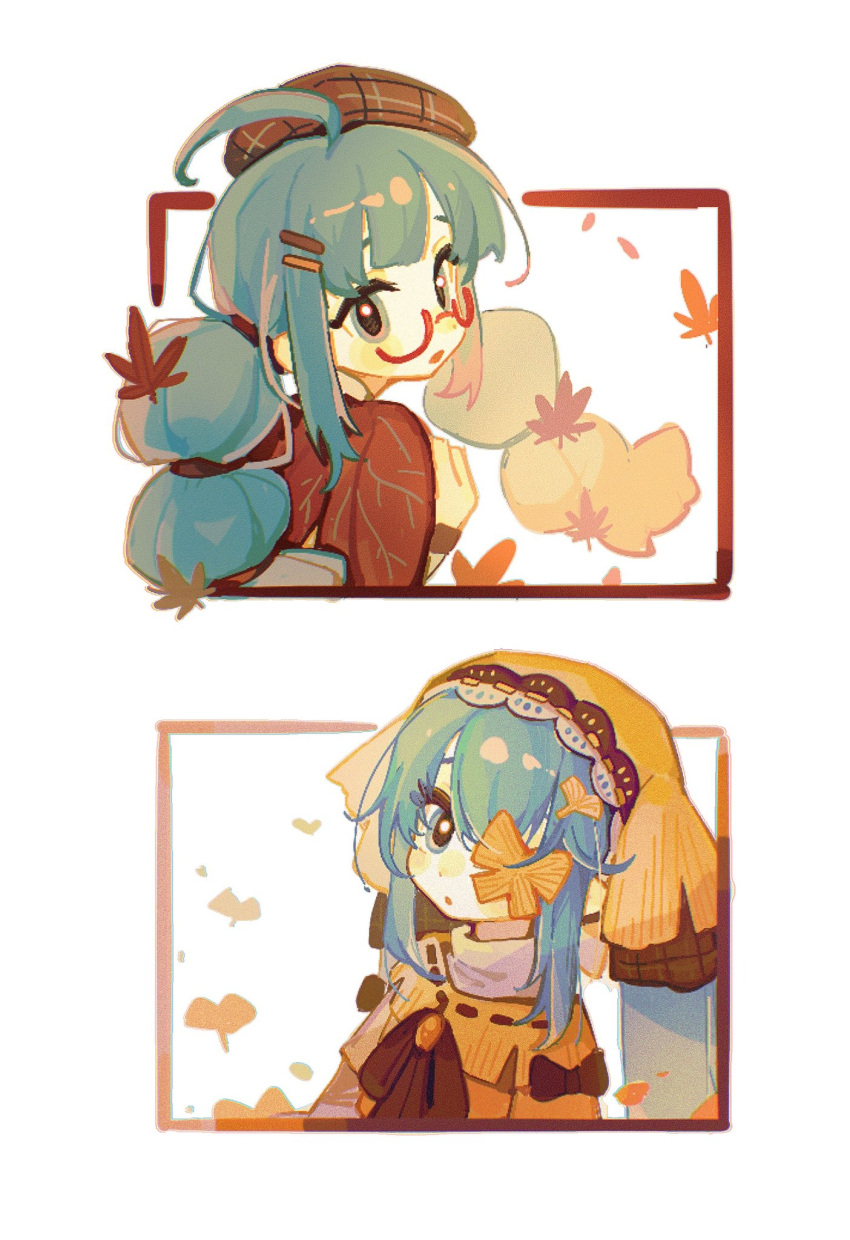 1girl ahoge alternate_costume alternate_hairstyle autumn autumn_leaves beret black_bow black_bowtie blue_eyes blue_hair bow bowtie brooch dress falling_leaves ginkgo_leaf glasses hair_ornament hairclip hat hatsune_miku head_scarf highres jewelry lace-trimmed_headwear lace_trim leaf leaf_hair_ornament long_hair looking_at_viewer multi-tied_hair multiple_views one_eye_covered orange_dress orange_headwear outside_border plaid_headwear red-framed_eyewear ribbon-trimmed_dress semi-rimless_eyewear sidelocks solo suuroku twintails under-rim_eyewear vocaloid white_background