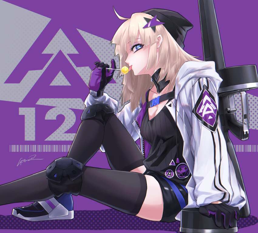 1girl aa-12 aa-12_(girls'_frontline) ahoge beanie black_gloves black_headwear black_shorts black_thighhighs blonde_hair breasts candy character_name cleavage food girls'_frontline gloves gomakyu grey_background gun hair_ornament hat highres holding holding_candy holding_food holding_lollipop hood hooded_jacket jacket knee_pads lollipop looking_at_viewer medium_breasts medium_hair open_clothes open_jacket purple_background purple_gloves shoes short_shorts shorts shotgun sideways_glance sitting sneakers solo star_(symbol) star_hair_ornament thighhighs turtleneck two-tone_background two-tone_gloves weapon weapon_name white_jacket