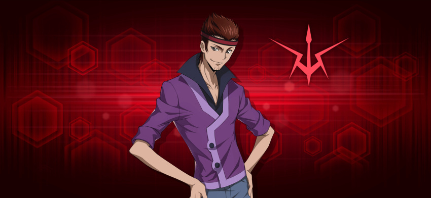 1boy artist_request beard_stubble black_shirt blue_pants brown_hair closed_mouth code_geass code_geass:_lost_stories collarbone collared_shirt drop_shadow facial_hair game_cg hands_on_own_hips happy headband high_collar highres jacket logo looking_at_viewer male_focus non-web_source official_art pants pectoral_cleavage pectorals pocket purple_jacket red_background red_headband shirt short_hair sidelocks sleeves_rolled_up smile solo spiked_hair standing stubble tamaki_shin'ichirou upper_body v-neck