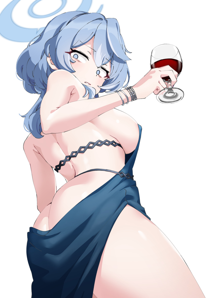 1girl absurdres ako_(blue_archive) ako_(dress)_(blue_archive) alcohol ass backless_dress backless_outfit bare_back blue_archive blue_dress blue_eyes blue_hair blue_halo bracelet breasts cup dress drinking_glass halo highres holding holding_cup jewelry large_breasts looking_at_viewer official_alternate_costume oinari_(koheihei1109) paid_reward_available sideboob sideless_dress sideless_outfit simple_background sleeveless sleeveless_dress white_background wine wine_glass