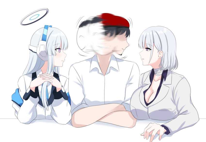 1boy 2girls bandaged_neck bandages beret blue_archive blue_necktie breasts business_suit cleavage commander_(girls'_frontline) crossover cyka doodle_sensei_(blue_archive) formal girls'_frontline grey_hair grey_suit halo hat huge_breasts jacket jacket_partially_removed long_hair long_sleeves mechanical_halo meme multiple_girls necktie noa_(blue_archive) official_alternate_costume purple_eyes purple_shirt red_headwear rpk-16_(girls'_frontline) rpk-16_(renate)_(girls'_frontline) sensei_(blue_archive) shirt short_hair sidelocks suit two-sided_fabric two-sided_jacket very_long_hair white_halo white_jacket