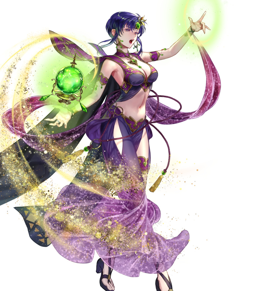 1girl bangs bare_shoulders blue_hair breasts cape fire_emblem fire_emblem:_the_blazing_blade fire_emblem_heroes hair_ornament highres medium_breasts navel non-web_source official_art pelvic_curtain purple_eyes sandals shiny_hair short_hair solo stomach suzuki_rika thigh_strap toes ursula_(fire_emblem)