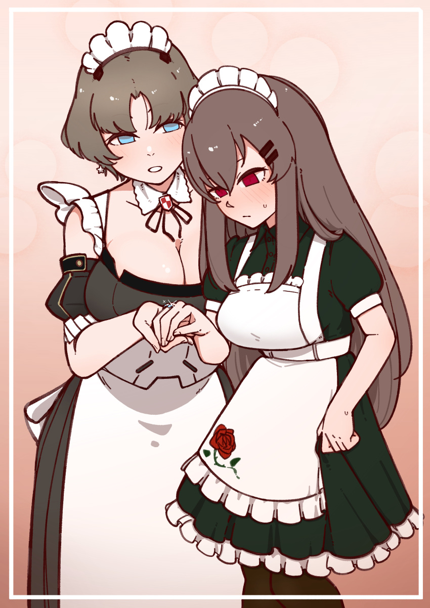 2girls absurdres alternate_costume ash_arms blush breasts brown_hair cleavage closed_mouth collarbone commentary_request dress earrings gendouki hair_between_eyes hair_ornament highres jewelry large_breasts long_hair maid maid_headdress marfusha marfusha_(marfusha) medium_breasts multiple_girls pantyhose red_eyes ring simple_background sweat wedding_ring