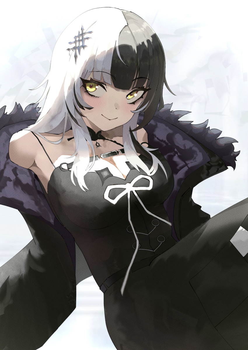 1girl aoteka armpit_crease armpits bare_shoulders black_choker black_dress black_eyeliner black_hair breasts chest_belt choker cleavage coat dress eyelashes eyeliner fur-trimmed_coat fur_trim grey_hair hair_ornament highres hololive hololive_english lace lace-trimmed_choker lace_choker lace_trim large_breasts long_hair makeup multicolored_hair off-shoulder_coat off_shoulder shiori_novella sitting smile solo split-color_hair streaked_hair two-tone_hair virtual_youtuber white_hair yellow_eyes