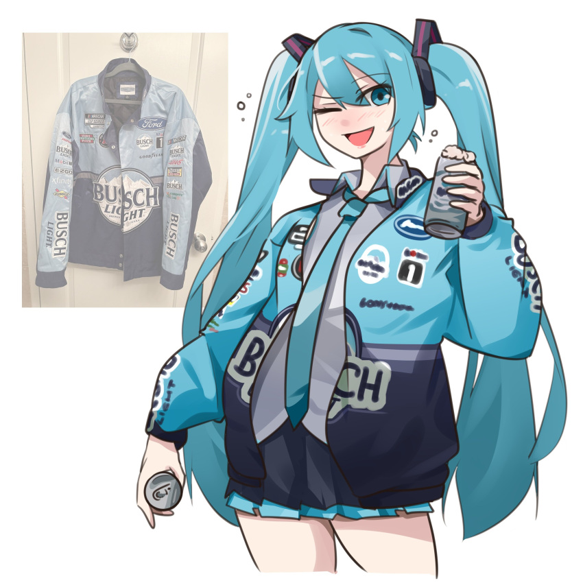 1girl ;d absurdres beer_can black_skirt blue_eyes blue_hair blue_jacket blue_necktie blush can collared_shirt commentary cosplay cosplay_request drink_can ford grey_shirt hair_between_eyes hair_ornament hand_up hatsune_miku highres holding holding_can holeecrab jacket long_hair nascar necktie one_eye_closed open_clothes open_jacket open_mouth pleated_skirt reference_inset shirt simple_background skirt smile solo symbol-only_commentary twintails very_long_hair vocaloid white_background