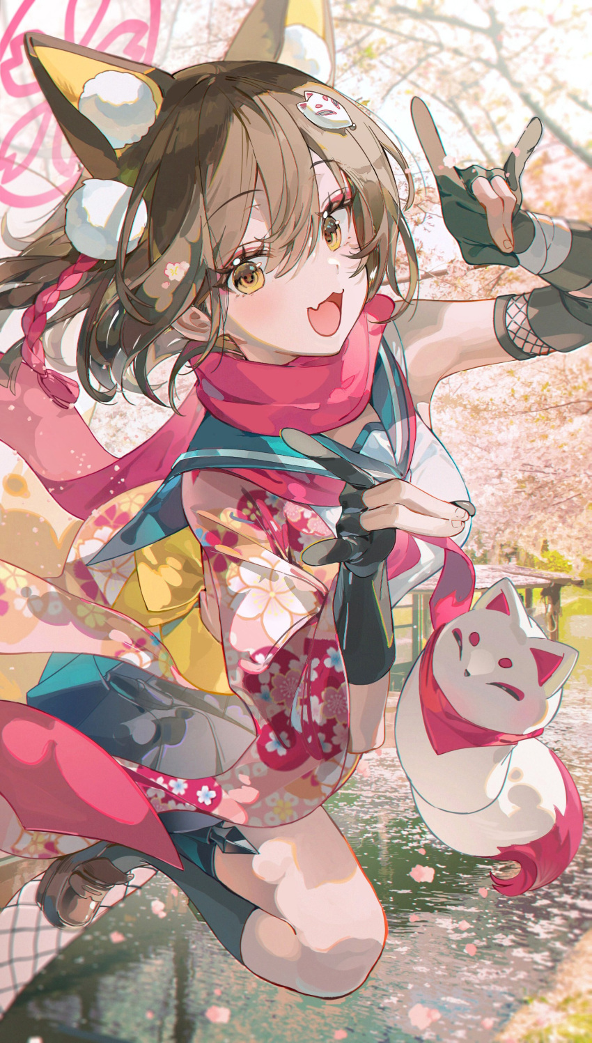 1girl absurdres animal_ears bare_shoulders black_gloves black_socks blue_archive blue_sailor_collar brown_hair fang floral_print_kimono fox_ears fox_girl fox_shadow_puppet fox_tail gloves hadanugi_dousa hair_between_eyes hair_ornament highres izuna_(blue_archive) japanese_clothes kimono looking_at_viewer neckerchief open_mouth outdoors partially_fingerless_gloves pink_kimono pink_neckerchief pink_scarf pom_pom_(clothes) pom_pom_hair_ornament rope sailor_collar scarf shimenawa shirt skin_fang sleeveless sleeveless_shirt smile socks solo tail textless_version translation_request white_shirt wide_sleeves yellow_eyes z3zz4