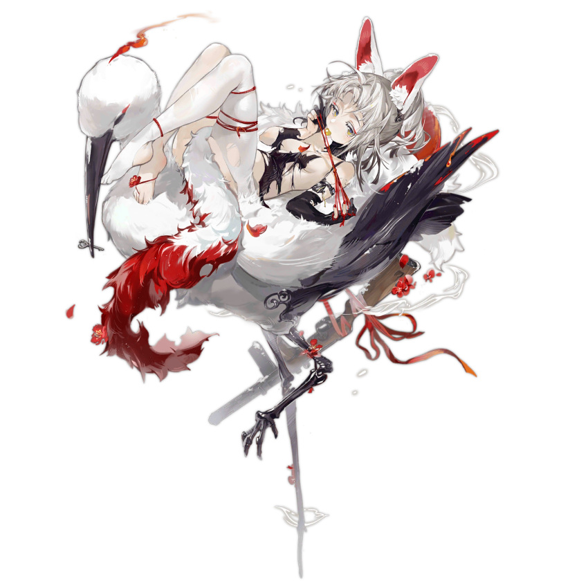 1girl animal animal_ear_fluff animal_ears asymmetrical_legwear bare_shoulders beak_hold bird black_dress black_gloves breasts chinese_new_year chinese_zodiac crane_(animal) cui_pi_zha_xia_qiu dress erma_(girls'_frontline) erma_(hazy_fragrance)_(girls'_frontline) erma_emp eyeliner feathers feet fingernails flower flower_request full_body fur_shawl girls'_frontline gloves hair_bun half-closed_eyes highres holding holding_key holding_string key knees_up leg_tattoo lying lying_on_animal makeup medium_breasts mouth_hold no_shoes official_alternate_costume official_art on_back oversized_animal pantyhose partially_fingerless_gloves rabbit_ears red_eyeliner red_flower red_nails shawl short_hair simple_background single_leg_pantyhose sleeveless sleeveless_dress socks solo standing standing_on_one_leg string tattoo third-party_source toes torn_clothes torn_dress transparent_background turtleneck_dress uneven_legwear white_feathers white_hair white_pantyhose white_socks year_of_the_rabbit yellow_eyes