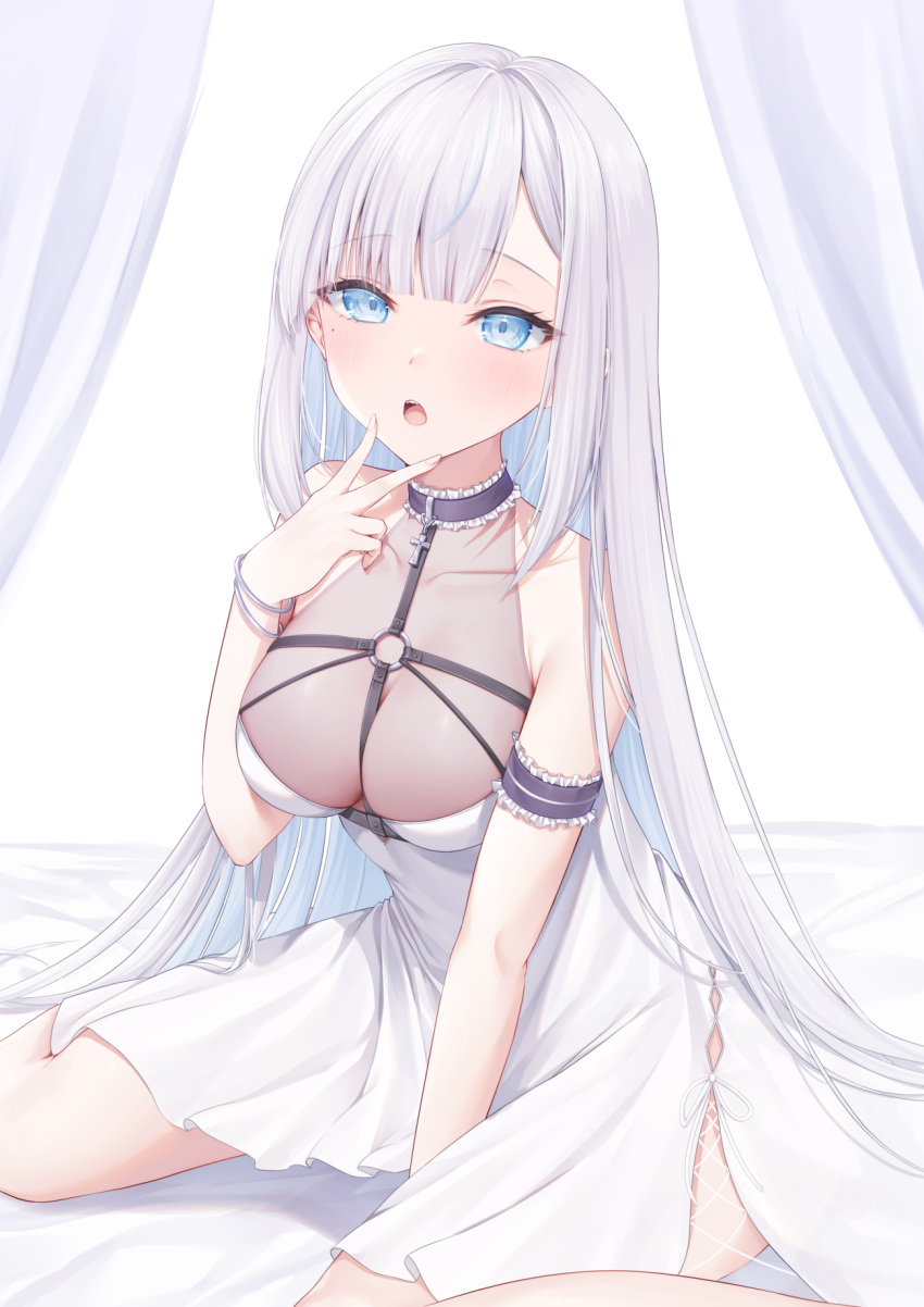 1girl arm_cuffs blue_eyes blunt_bangs blush bracelet breasts choker cleavage collarbone commentary_request cross cross_choker curtains dress highres jewelry long_hair looking_at_viewer medium_breasts nagura_shiro on_bed open_mouth original see-through see-through_cleavage see-through_dress sitting sleeveless sleeveless_dress straight_hair teeth upper_teeth_only very_long_hair wariza white_dress white_hair