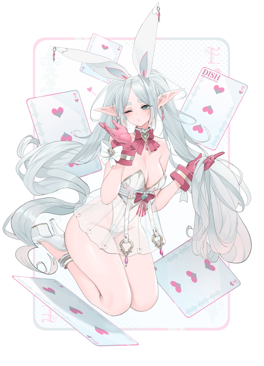 1girl absurdres animal_ears artist_name bare_shoulders blush breasts card cleavage dishwasher1910 earrings english_commentary fake_animal_ears gloves green_eyes grey_hair high_heels highres jewelry large_breasts long_hair looking_at_viewer mixed-language_commentary one_eye_closed original pink_gloves playboy_bunny playing_card pointy_ears solo thick_eyebrows thighs twintails white_footwear