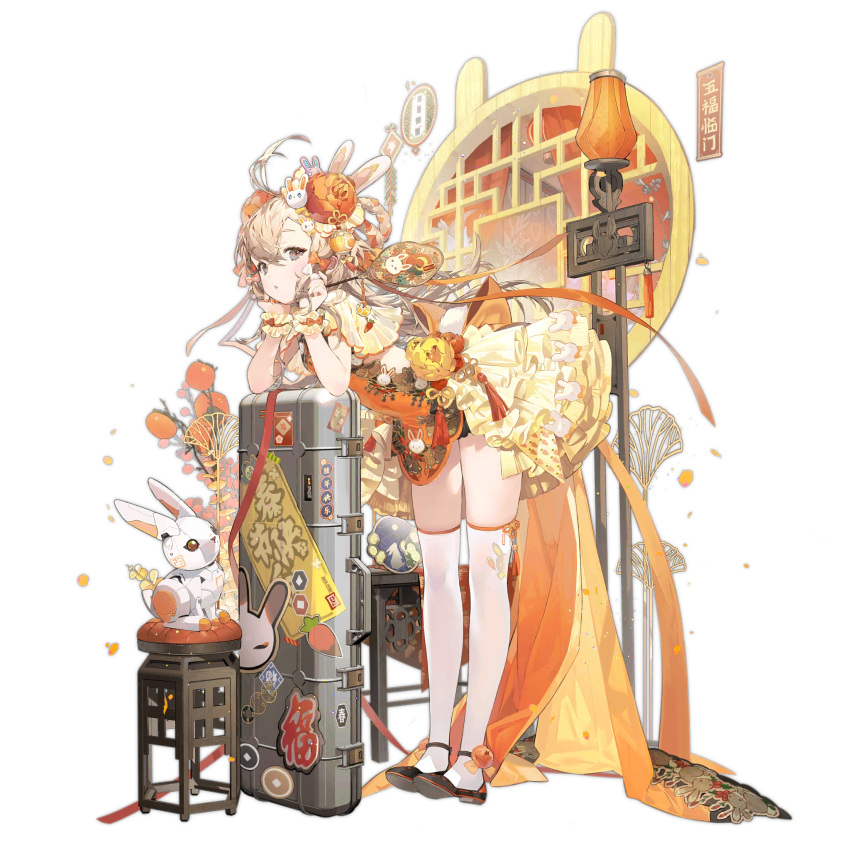 1girl animal_print animal_sticker architecture arm_support black_footwear blonde_hair brown_eyes carrot china_dress chinese_clothes chinese_text dress east_asian_architecture elbow_rest flower frilled_skirt frills full_body girls'_frontline hair_between_eyes hair_flower hair_ornament hand_fan highres holding holding_fan lamp lantern light_blush long_hair looking_at_viewer mk3a1_(girls'_frontline) mk3a1_(scarlet_intoxication)_(girls'_frontline) namyo nightstand non-humanoid_robot object_request official_alternate_costume official_art orange_dress orange_flower paper_lantern parted_lips print_dress print_thighhighs rabbit rabbit_hair_ornament rabbit_print rabbit_sticker robot robot_animal scrunchie simple_background skindentation skirt solo standing sticker stool thighhighs third-party_source translation_request transparent_background very_long_hair weapon_case white_thighhighs window wrist_scrunchie