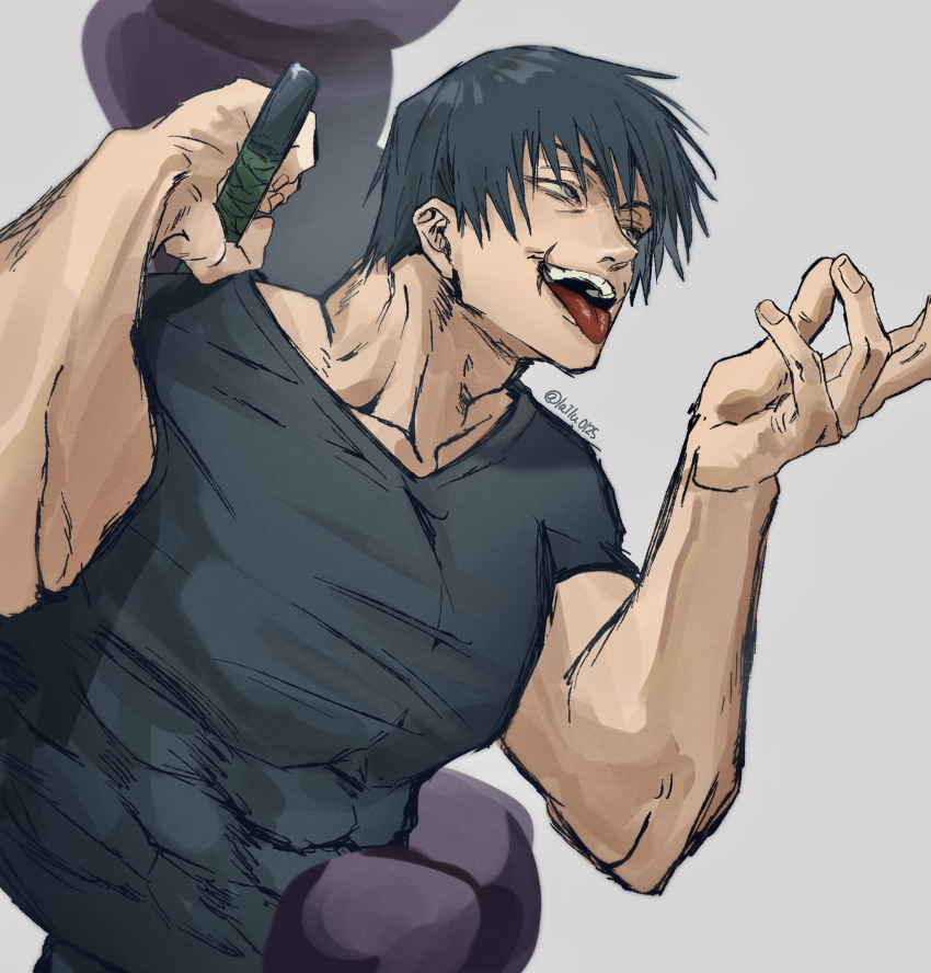 black_hair black_shirt fushiguro_touji highres jujutsu_kaisen lailu male_focus mature_male muscular muscular_male pants scar scar_on_face scar_on_mouth shirt smile