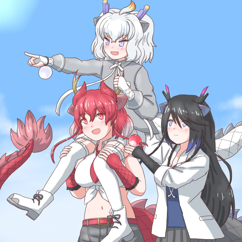 3girls animal_ears black_dragon_(kemono_friends) black_hair blue_hair blush breast_pocket breasts carrying coat collared_shirt doctor dragon_ears dragon_girl dragon_horns dragon_tail elbow_gloves extra_ears fingerless_gloves garter_straps gloves grey_eyes hair_between_eyes highres horns kemono_friends kemono_friends_3 lab_coat large_breasts long_hair long_tail mukouyama_mu multicolored_hair multicolored_horns multiple_girls multiple_horns navel necktie open_clothes open_coat open_mouth piggyback pink_horns pocket purple_horns red_dragon_(kemono_friends) red_eyes red_hair scale_print scales shirt shorts siblings sisters skirt sleeveless smile stethoscope tail thighhighs tied_shirt white_coat white_dragon_(kemono_friends) white_hair yellow_horns