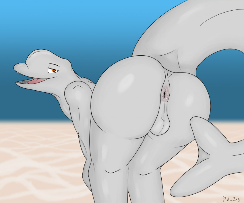 anthro anus beluga bent_over butt cetacean dolphin hands_on_knees hands_on_legs hi_res knock-kneed looking_at_viewer male mammal marine monodontid open_mouth pilot_zeg presenting presenting_anus presenting_balls presenting_hindquarters sand smile solo tail tongue toothed_whale underwater water